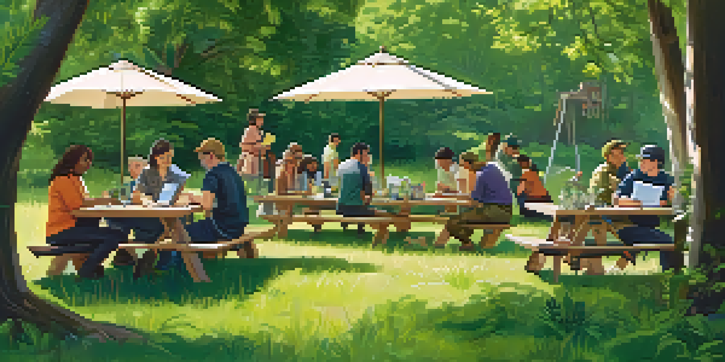 Participants in a wildlife identification workshop studying plants and animals in a green park.