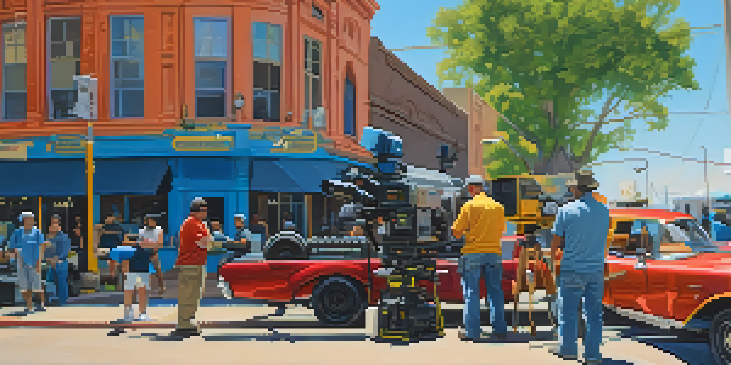 A busy film set in Austin featuring a diverse crew working on equipment under a clear blue sky.