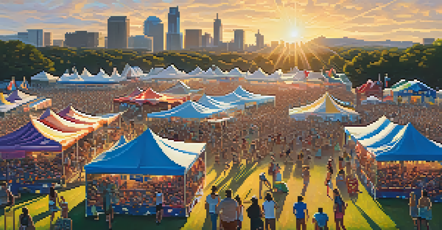 An aerial view of the Austin City Limits Music Festival with a colorful crowd enjoying live music and the skyline of Austin in the background under a golden sunset.