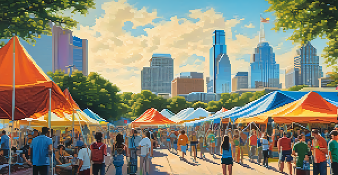 A lively tech festival scene in Austin, Texas, with colorful tents, attendees networking, and the skyline in the background.