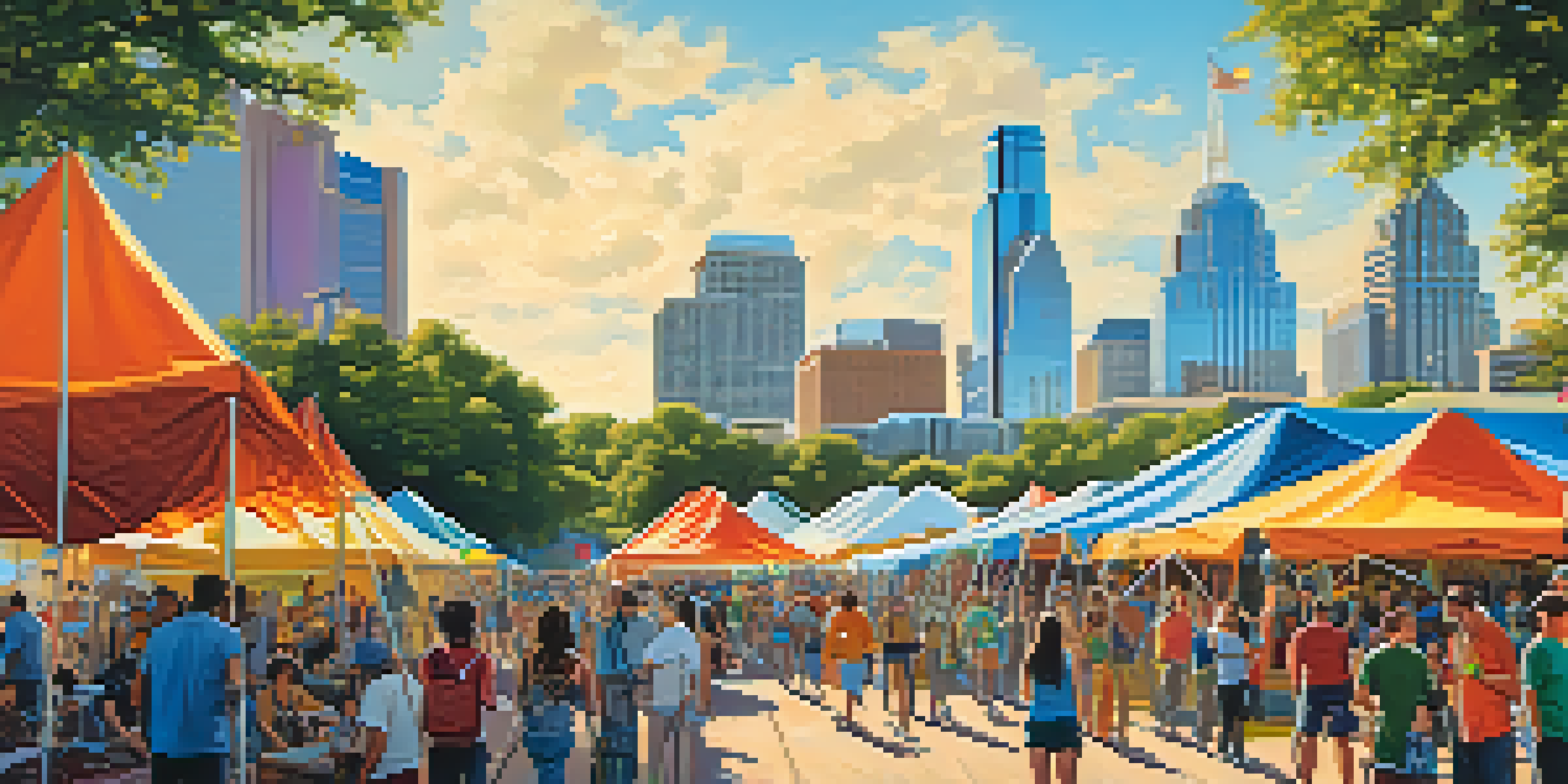 A lively tech festival scene in Austin, Texas, with colorful tents, attendees networking, and the skyline in the background.