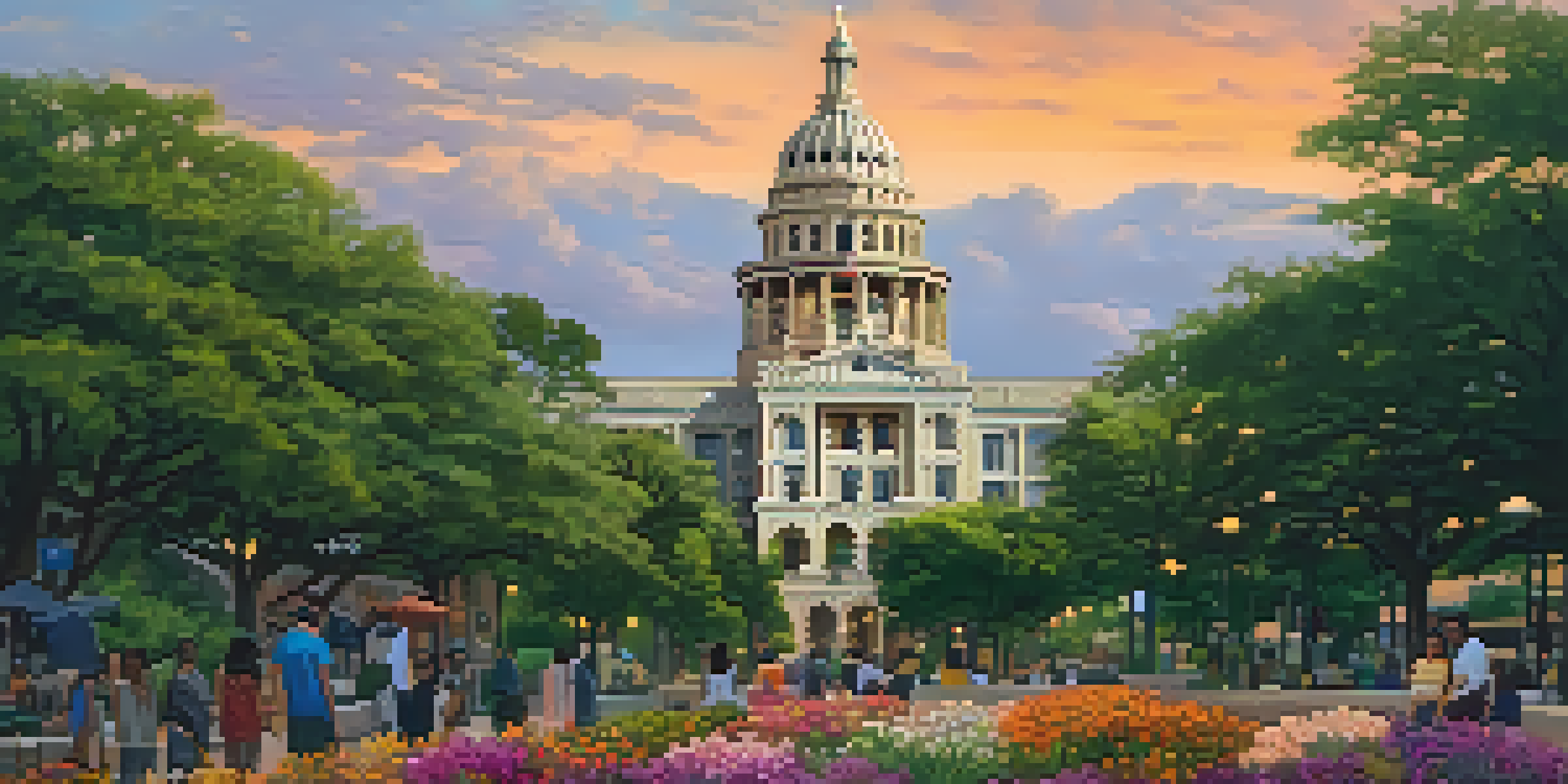 A colorful view of Austin, Texas, featuring the State Capitol and diverse people discussing politics amidst blooming flowers at sunset.