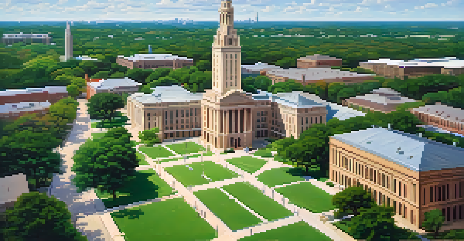 Aerial view of the University of Texas campus with the UT Tower in the center under a clear blue sky.
