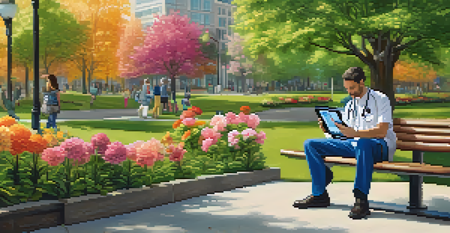 A person sitting on a park bench holding a tablet for a telemedicine consultation with a healthcare professional, surrounded by a vibrant outdoor environment.