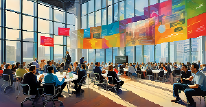 A lively tech conference with diverse attendees talking and networking, bright banners, and modern architecture in the background.