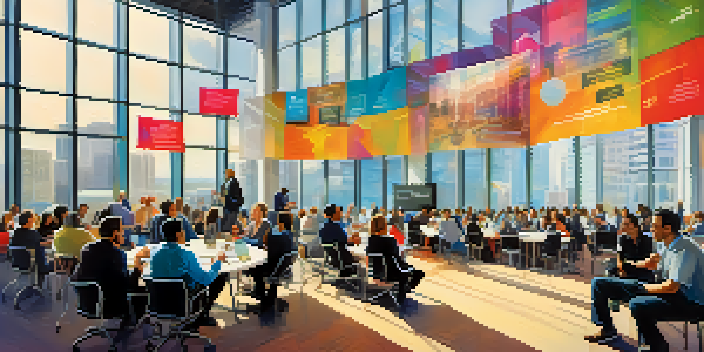 A lively tech conference with diverse attendees talking and networking, bright banners, and modern architecture in the background.