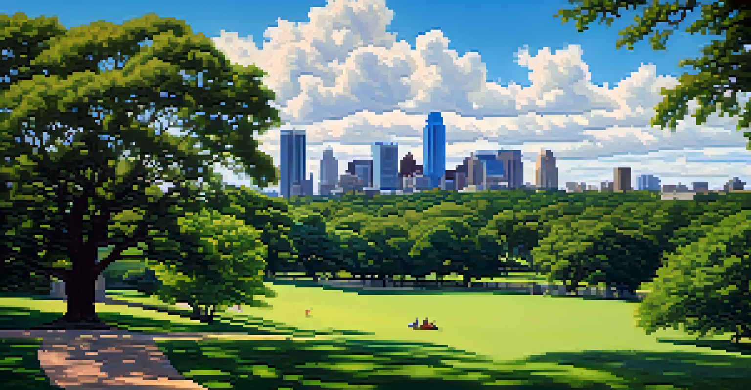 A scenic view of Zilker Park with historic homes and the Austin skyline, showcasing lush greenery and a bright blue sky.