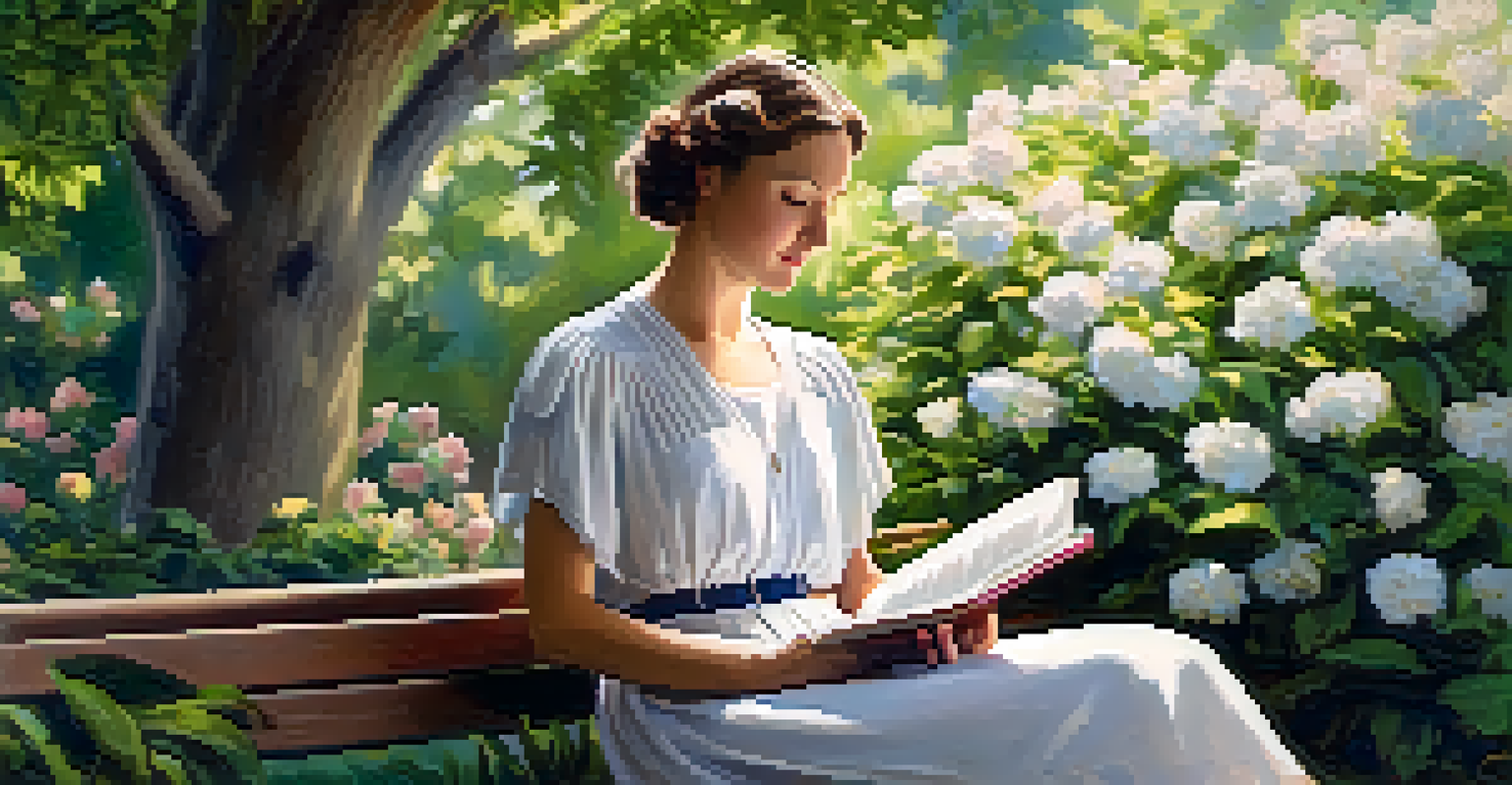 Portrait of Annie Webb Blanton in a garden, surrounded by flowers, reflecting on her contributions to education, with a peaceful and thoughtful expression.