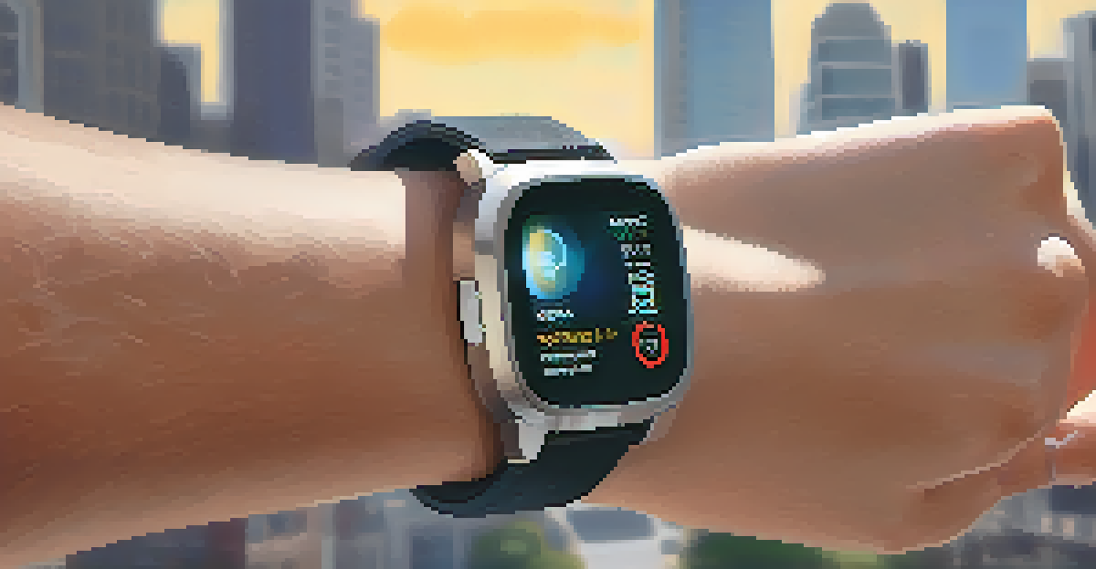 A close-up of a smartwatch on a person's wrist showing health metrics against a blurred urban Austin backdrop, symbolizing the blend of technology and health.