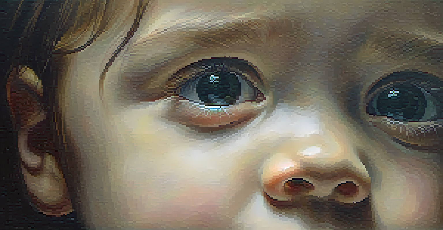 Close-up portrait of a child with solid black eyes and pale skin against a dark, foggy background.