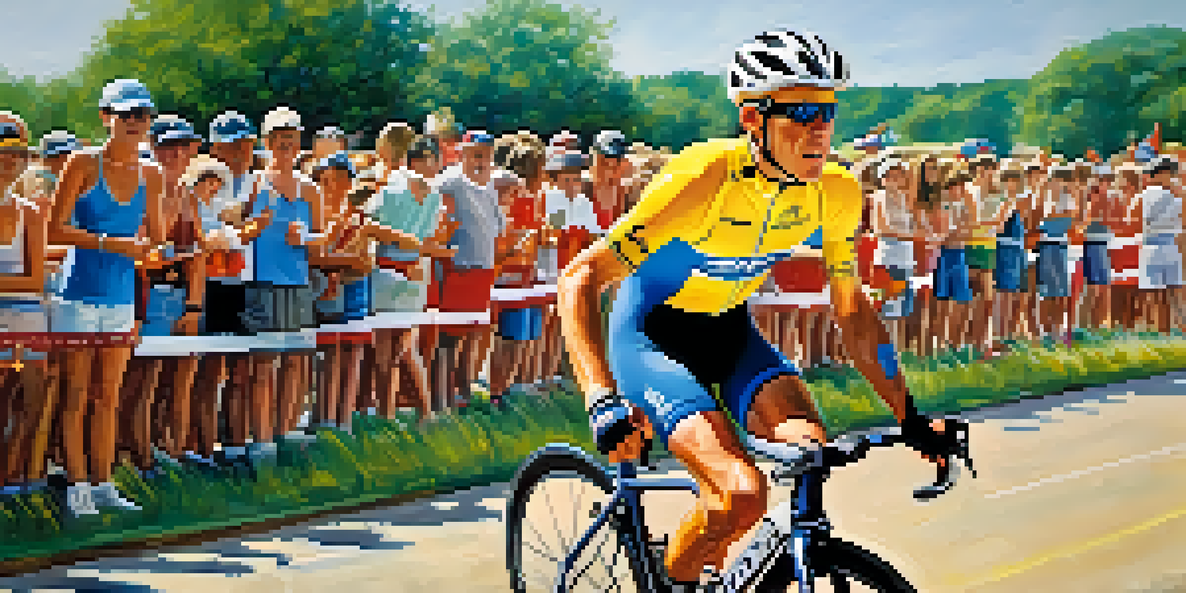 A young boy, representing Lance Armstrong, swimming in a triathlon with spectators cheering in Austin, Texas.