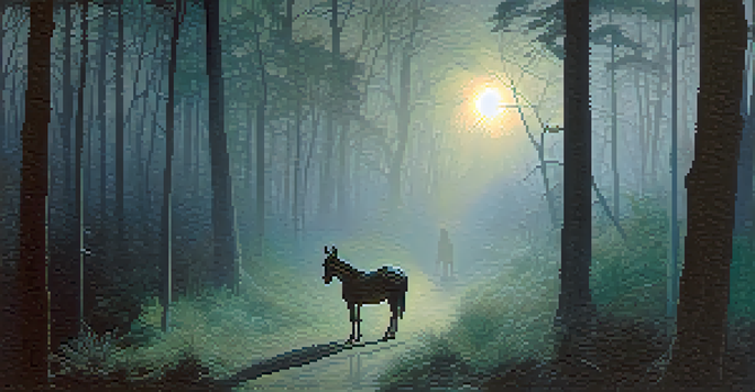 A mysterious and eerie figure resembling the Donkey Lady stands in a dark forest, with a donkey's head and a woman's body, surrounded by mist and moonlight.