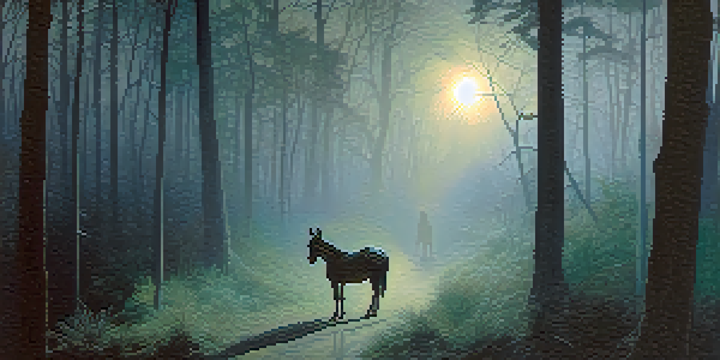A mysterious and eerie figure resembling the Donkey Lady stands in a dark forest, with a donkey's head and a woman's body, surrounded by mist and moonlight.