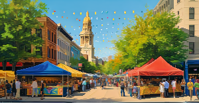 A bustling street scene at a cultural festival in Austin, filled with colorful food stalls, performers, and diverse crowds enjoying the event under warm sunlight.