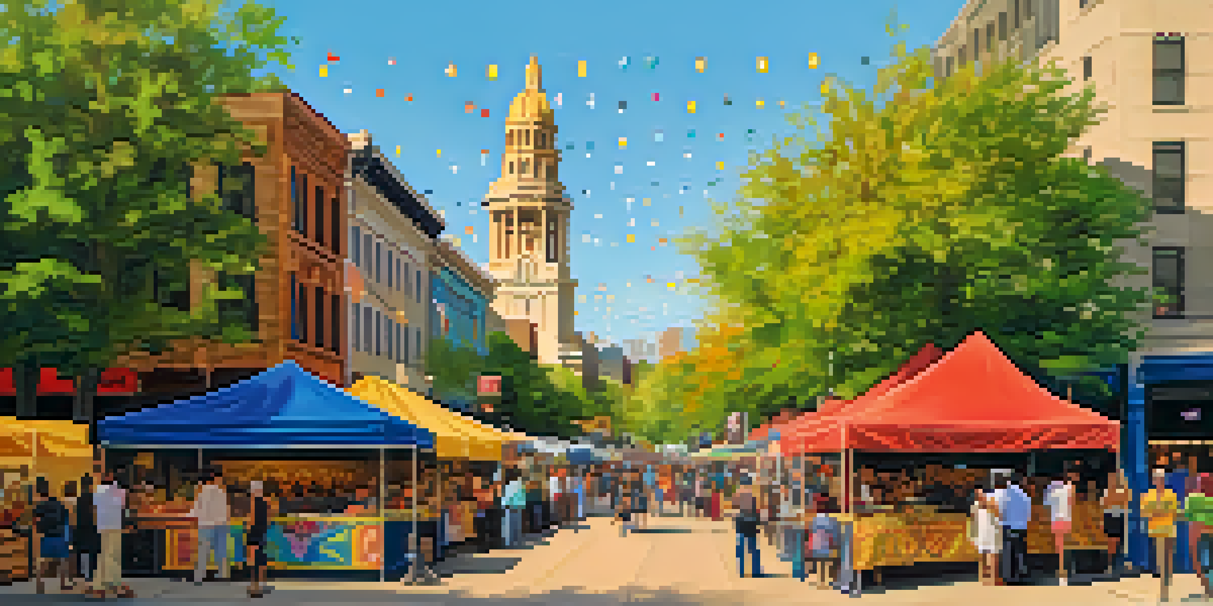 A bustling street scene at a cultural festival in Austin, filled with colorful food stalls, performers, and diverse crowds enjoying the event under warm sunlight.