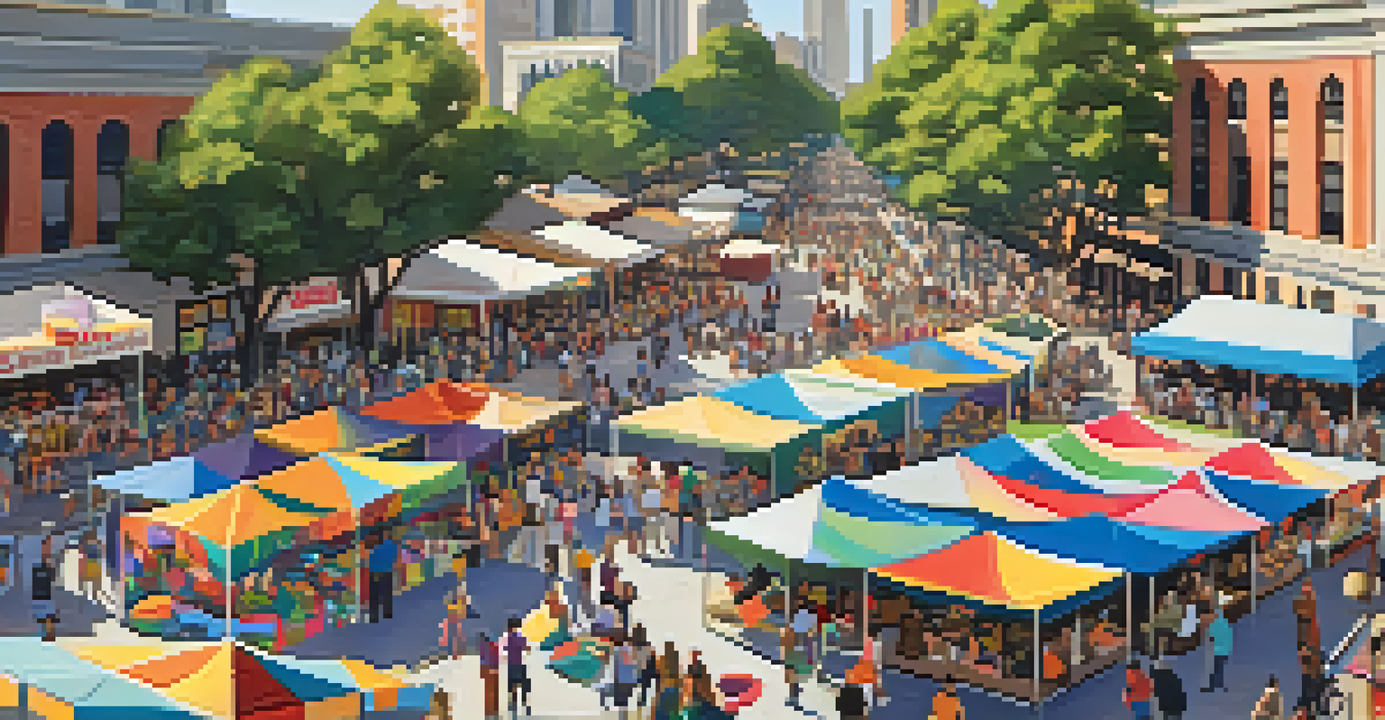 An overhead view of a cultural festival in Austin, featuring artisan booths, food vendors, and attendees enjoying the event under bright sunlight.