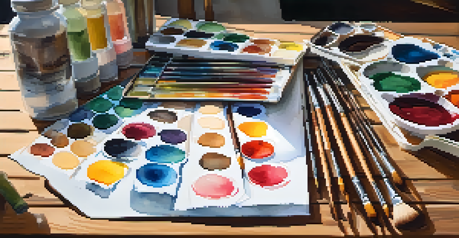 A detailed view of watercolor supplies on a wooden table, featuring a palette of paints and brushes with soft lighting.