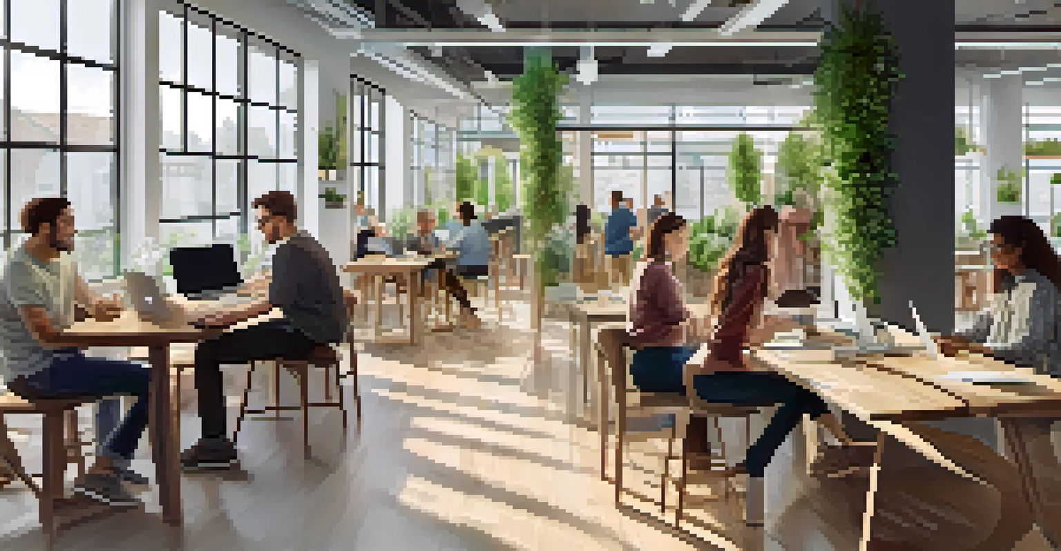 A lively co-working space with diverse individuals collaborating and working on laptops in a well-lit, modern environment.