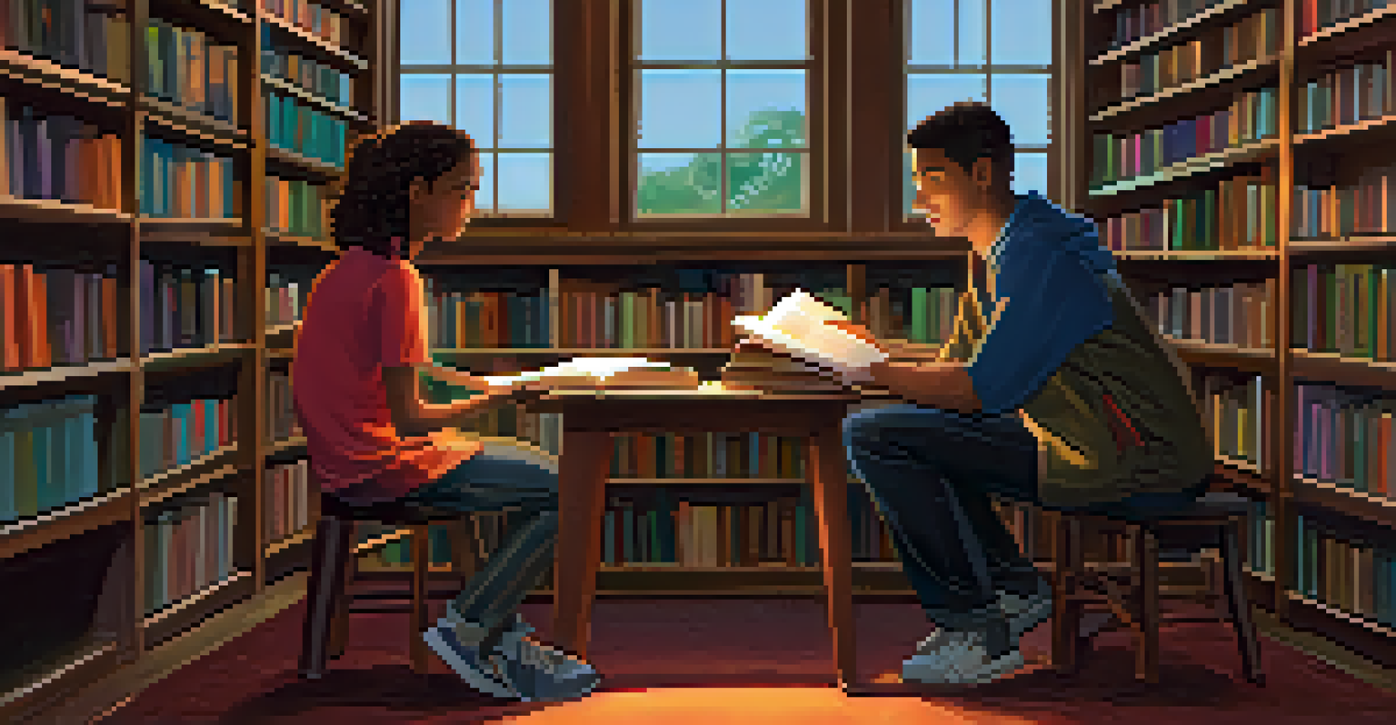 A mentoring session in a library nook, featuring a mentor and a young person discussing ideas, surrounded by shelves of colorful books in a warm atmosphere.