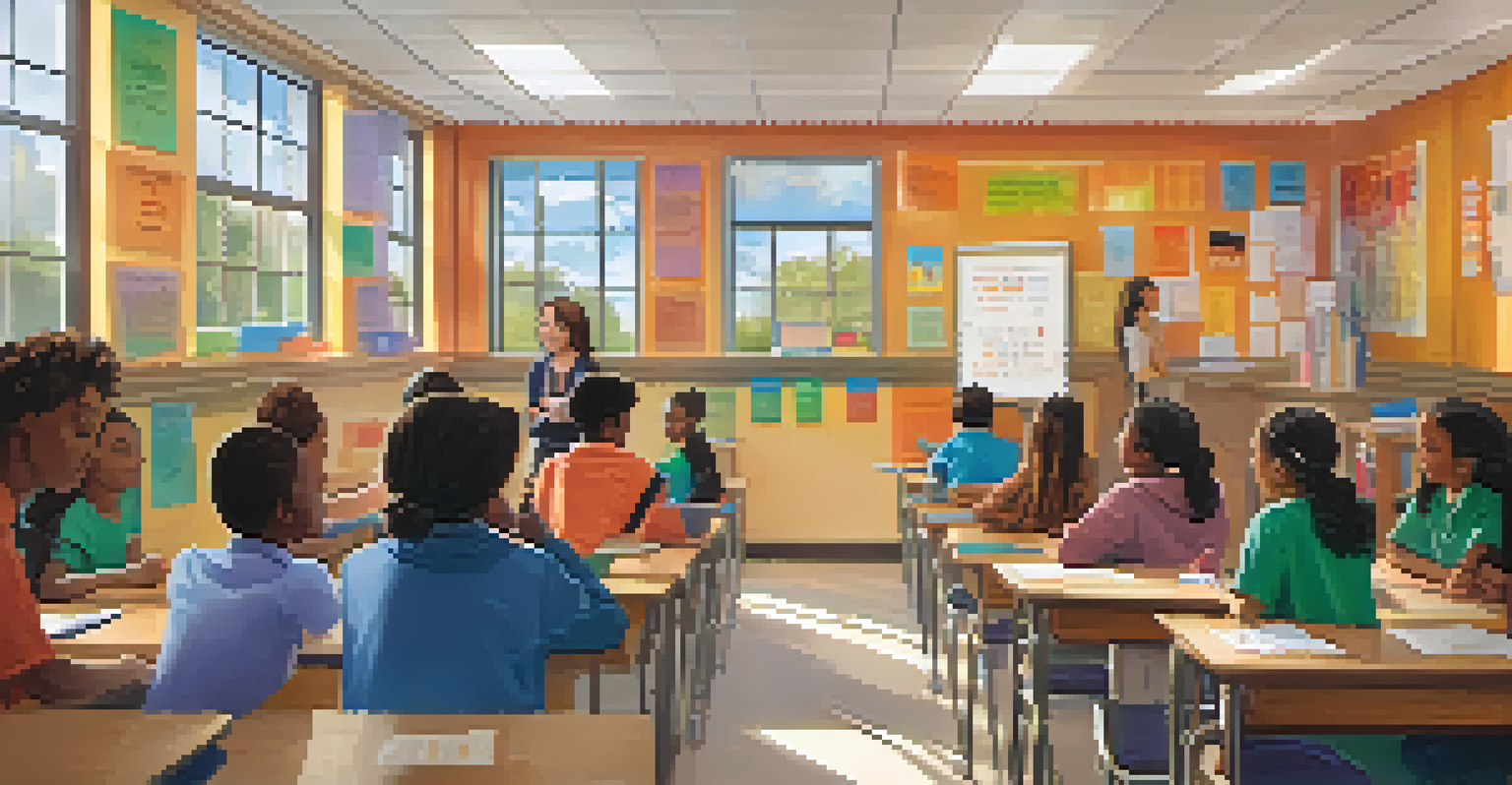 A classroom in Austin where a teacher discusses mental health awareness with attentive students, surrounded by colorful educational posters and a warm atmosphere.