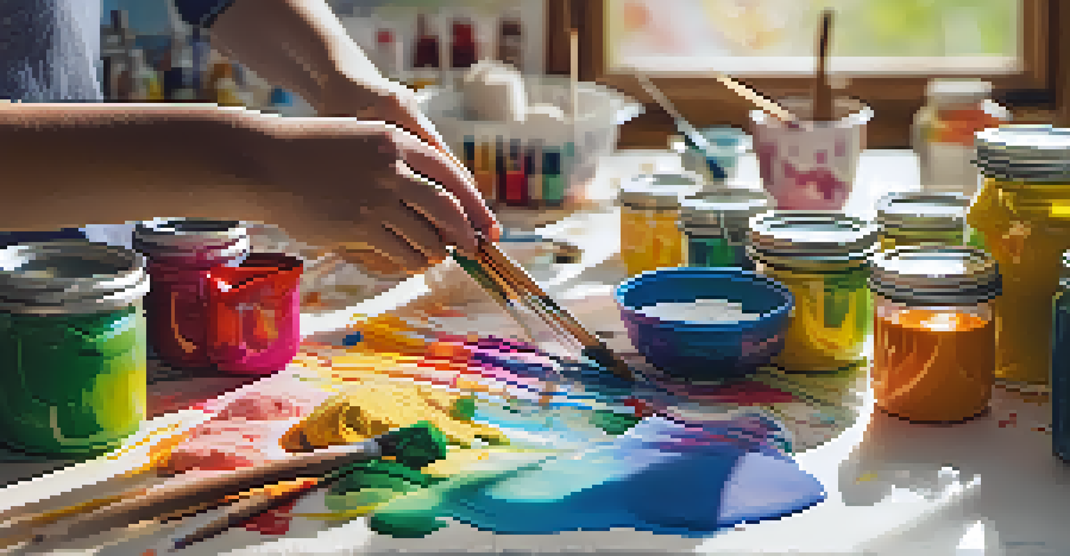 Hands mixing ingredients to create DIY art supplies with colorful paints displayed in the background.