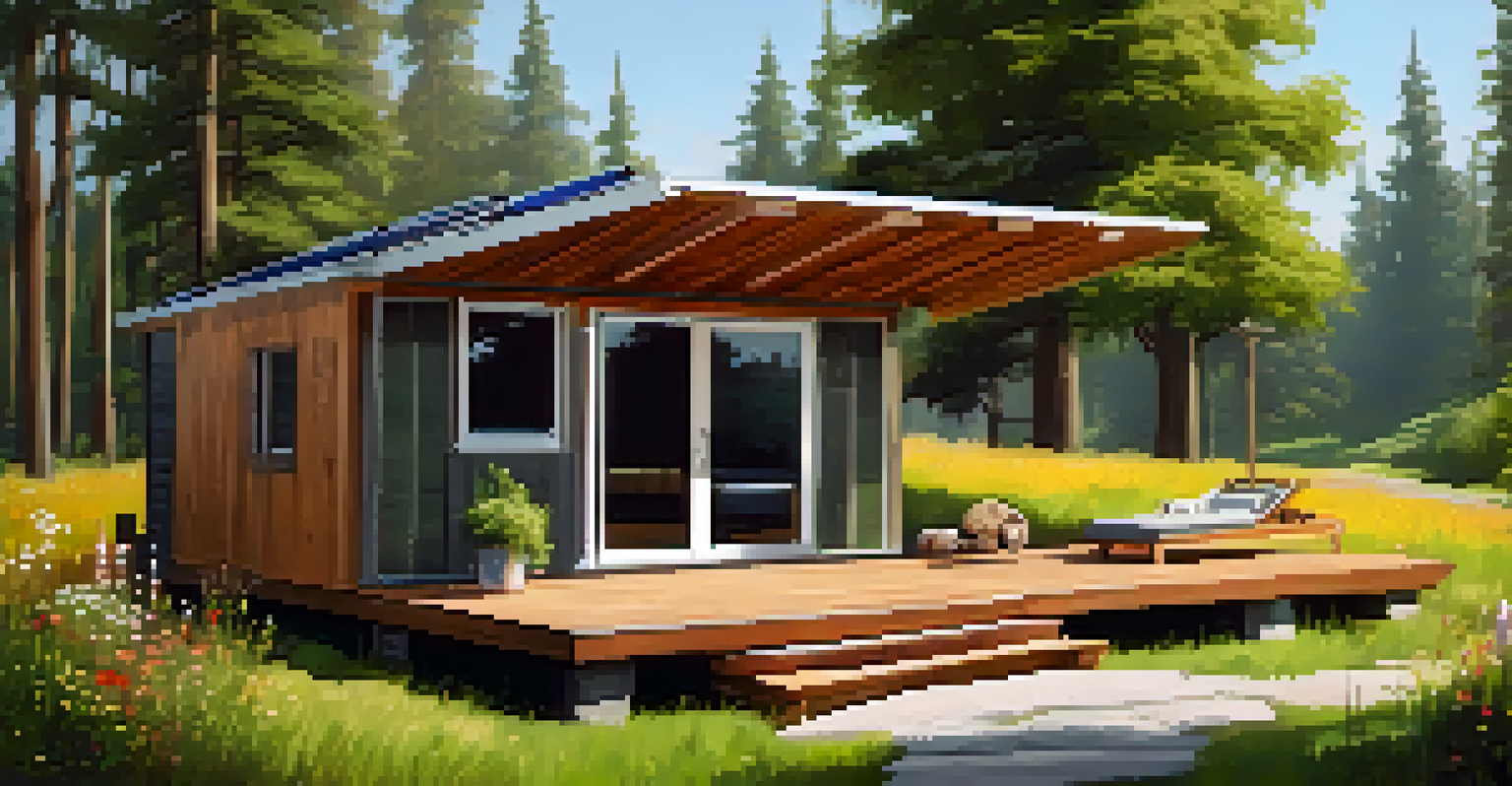 A modern tiny home surrounded by wildflowers and native plants, featuring a porch and solar panels on the roof, under a clear blue sky.