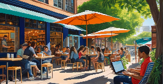 A person working on a laptop at an outdoor café in Austin, surrounded by colorful food trucks and greenery.