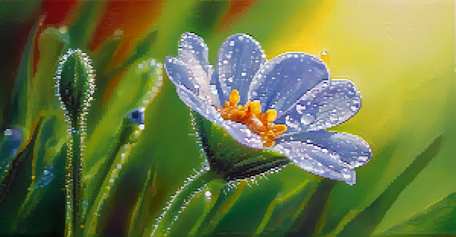 A close-up of a colorful wildflower with dew drops in the morning light against a blurred green background.