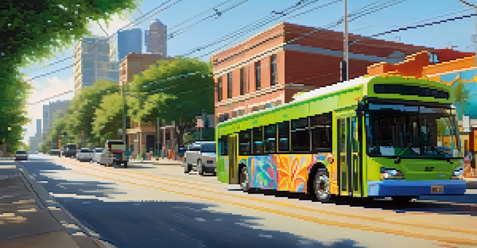 A modern electric bus on a green street in Austin with charging stations and colorful murals.