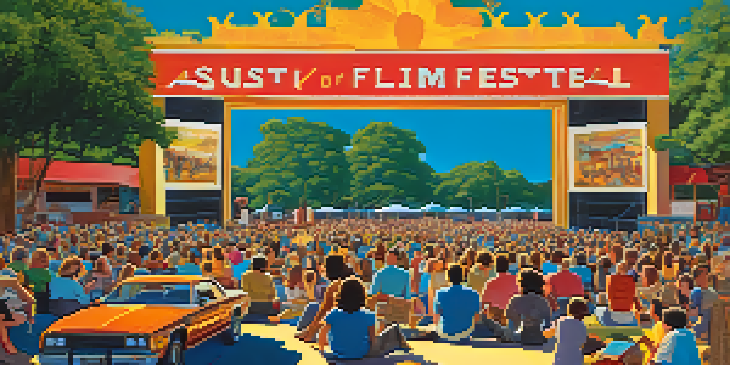 A lively outdoor scene at the Austin Film Festival in the 1980s, showing a crowd of filmgoers around a vintage film projector with colorful banners.