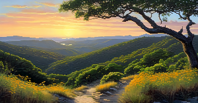 A beautiful landscape of the Balcones Canyonlands Preserve with rolling hills, a sunset sky, and a hiking trail filled with wildflowers, featuring a golden-cheeked warbler on a branch.