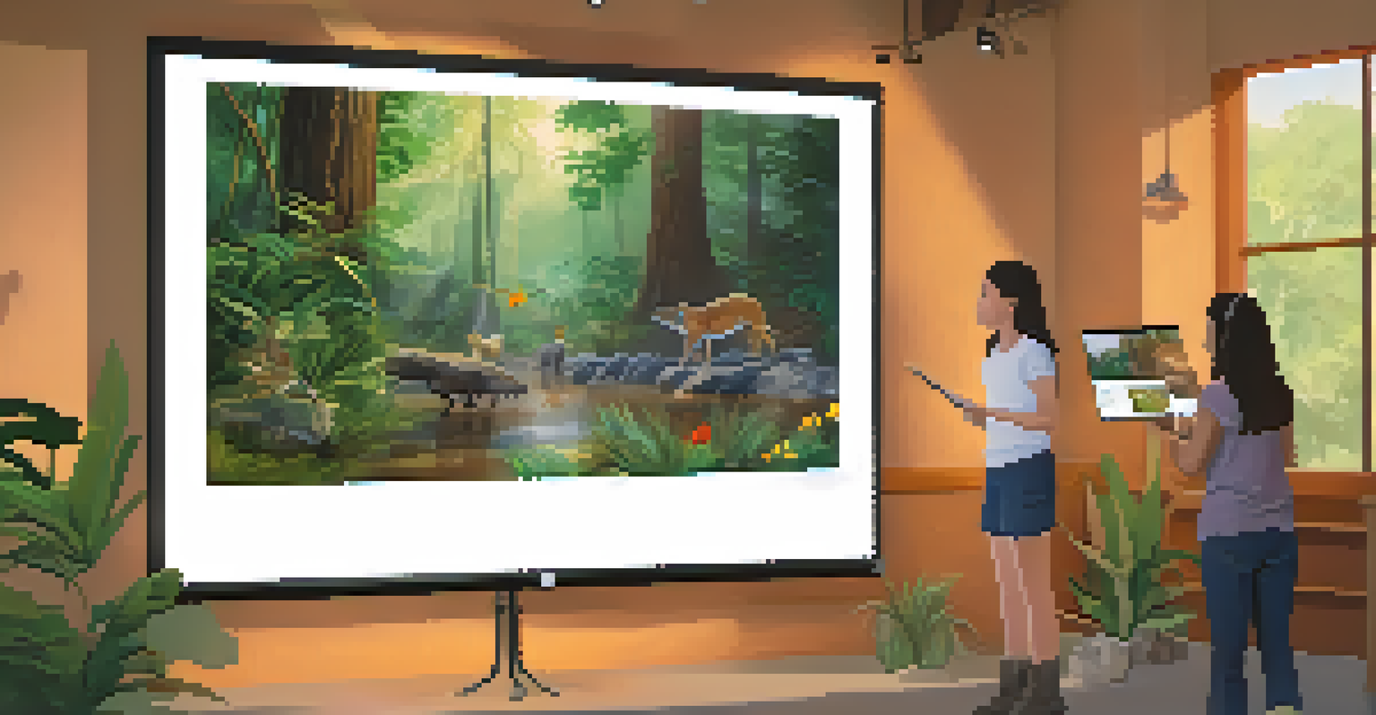 A family engaged in a virtual workshop about nature, with colorful visuals of wildlife and plants displayed on the screen.