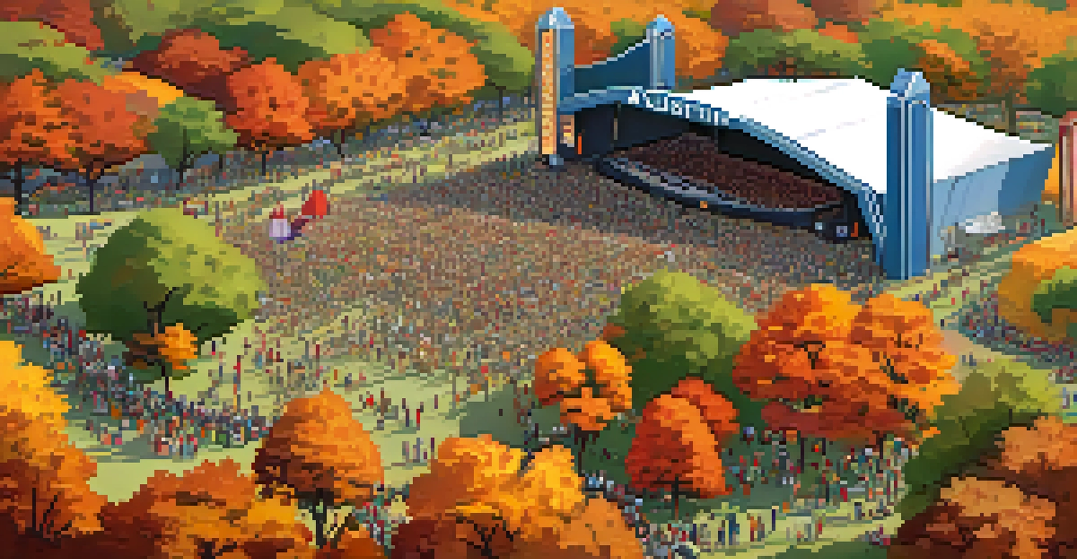 An aerial view of the Austin City Limits Music Festival in Zilker Park, showing a large crowd and colorful fall foliage.