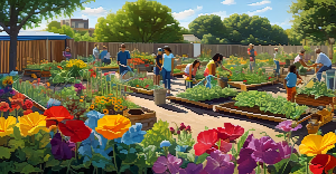 A community garden with diverse people working together, surrounded by blooming flowers and vegetables under a sunny sky.