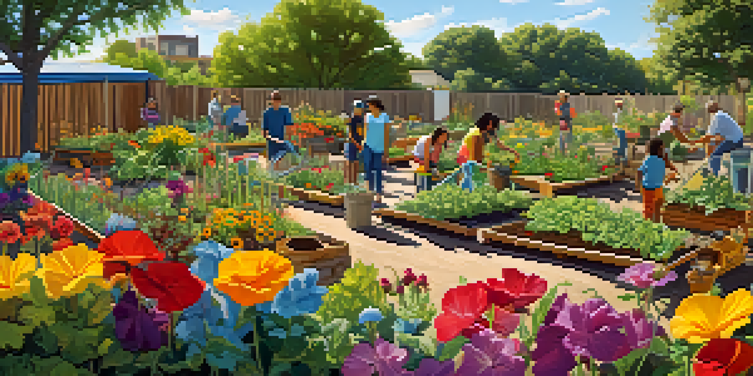 A community garden with diverse people working together, surrounded by blooming flowers and vegetables under a sunny sky.