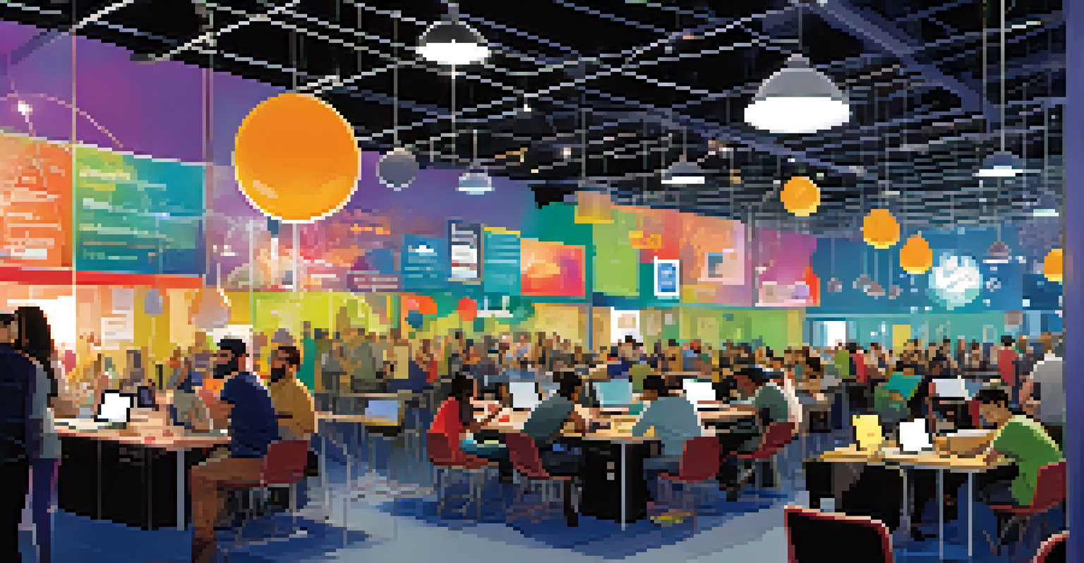 Developers collaborating at a hackathon for Open Austin, with tech gadgets and colorful banners in a lively setting.