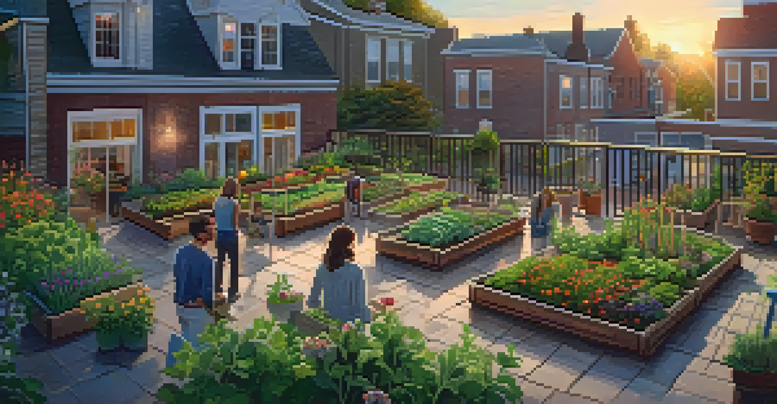 Neighbors in a community rooftop garden collaborating on gardening, with raised beds and colorful flowers in soft evening light.