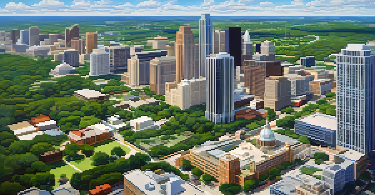 Aerial view of Austin's skyline surrounded by green hills and parks, illustrating the contrast between urban and natural environments.