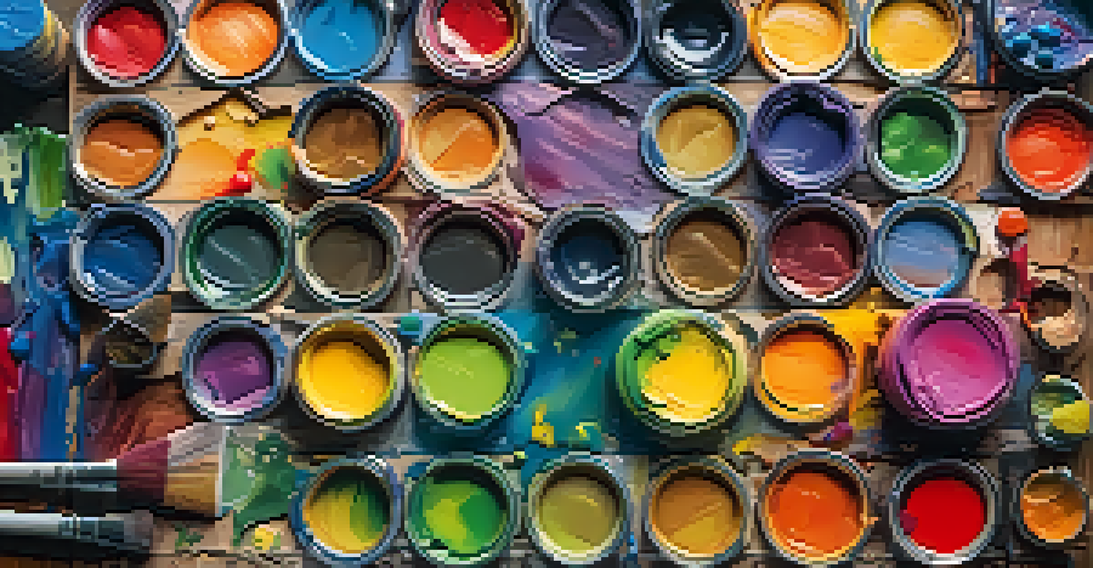 A wooden palette filled with a variety of colorful paints and paint splatters around it.