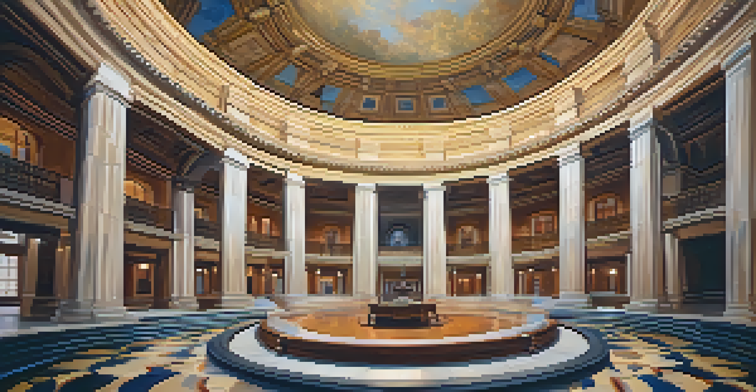 The interior of the Texas State Capitol rotunda, showcasing murals, artifacts, and the grand staircase under warm lighting.
