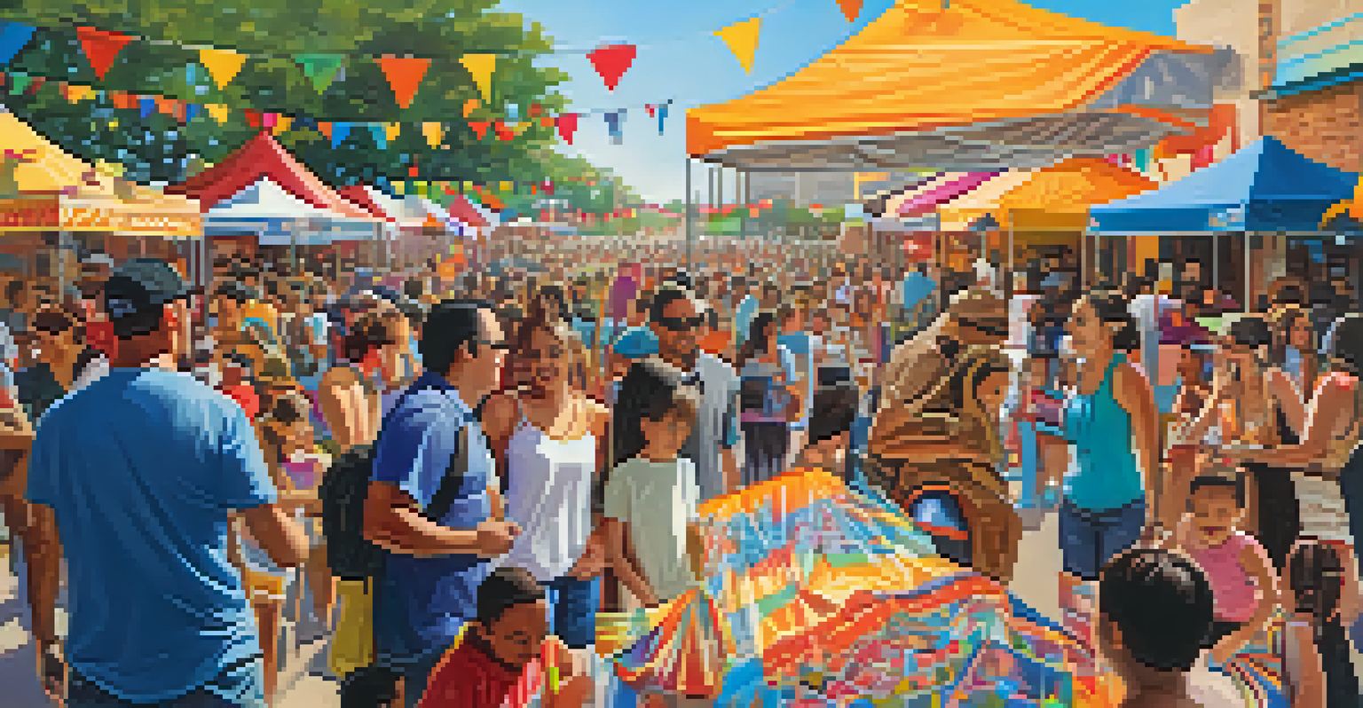 A lively festival scene celebrating Juan Seguín's legacy, with diverse families enjoying activities and colorful decorations in Austin, Texas.