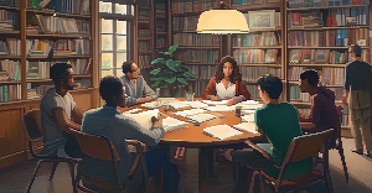 A cozy literary workshop with diverse writers sharing their work in a warmly lit room with bookshelves and a whiteboard.