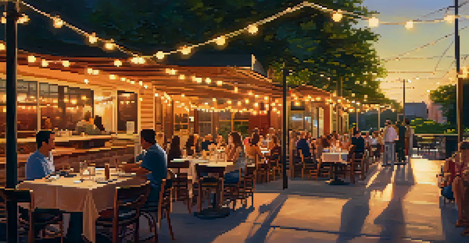 An outdoor dining scene at a restaurant on South Congress during sunset, with diners and downtown Austin in the background.