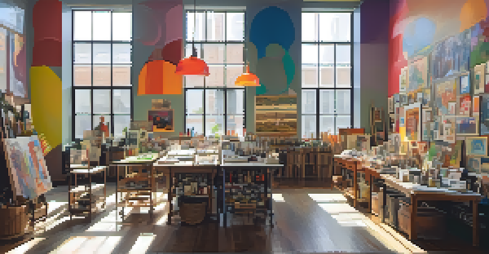 A historic art collective in Austin with artists working together in a bright studio filled with colorful art and supplies.