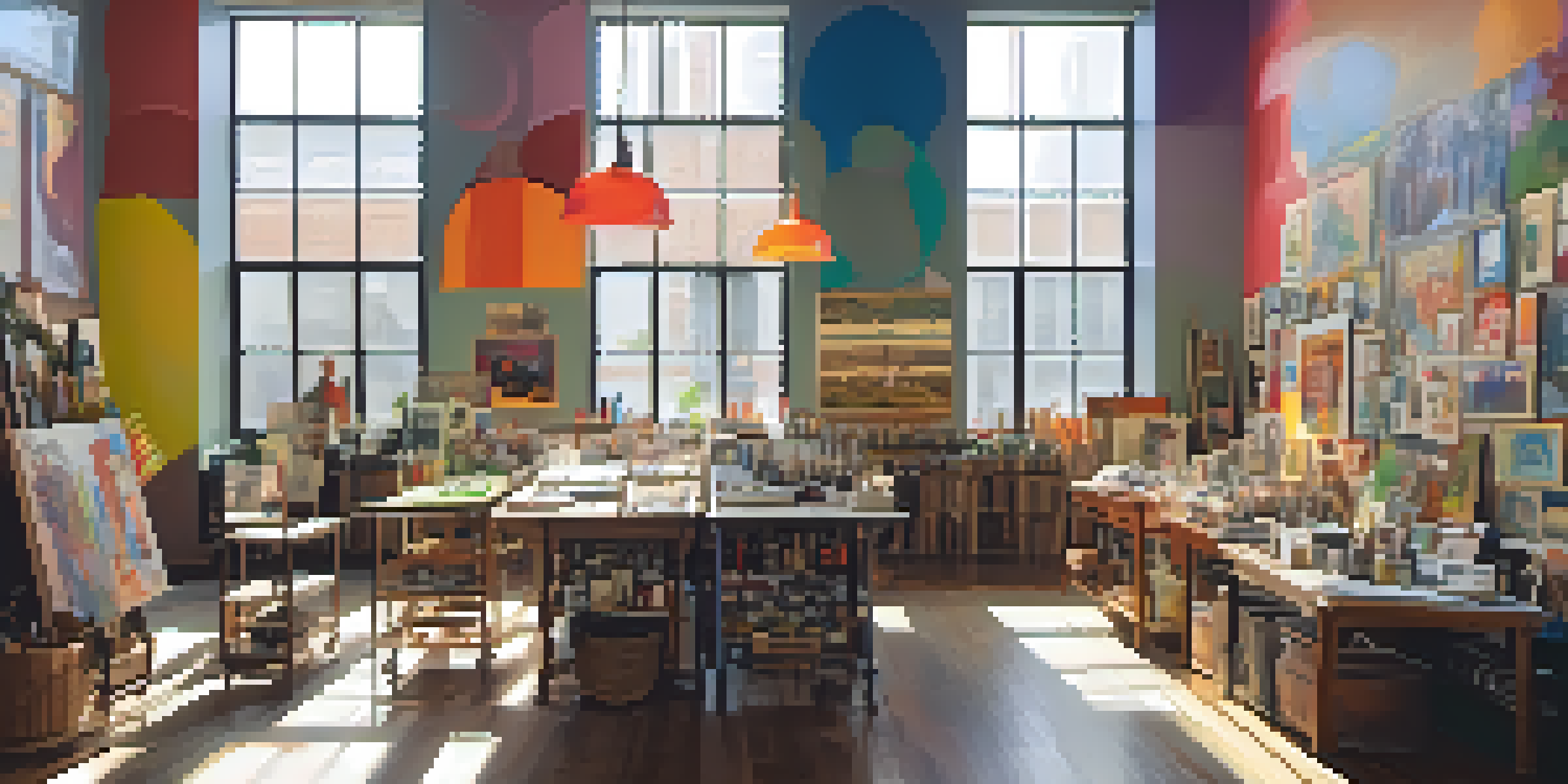 A historic art collective in Austin with artists working together in a bright studio filled with colorful art and supplies.