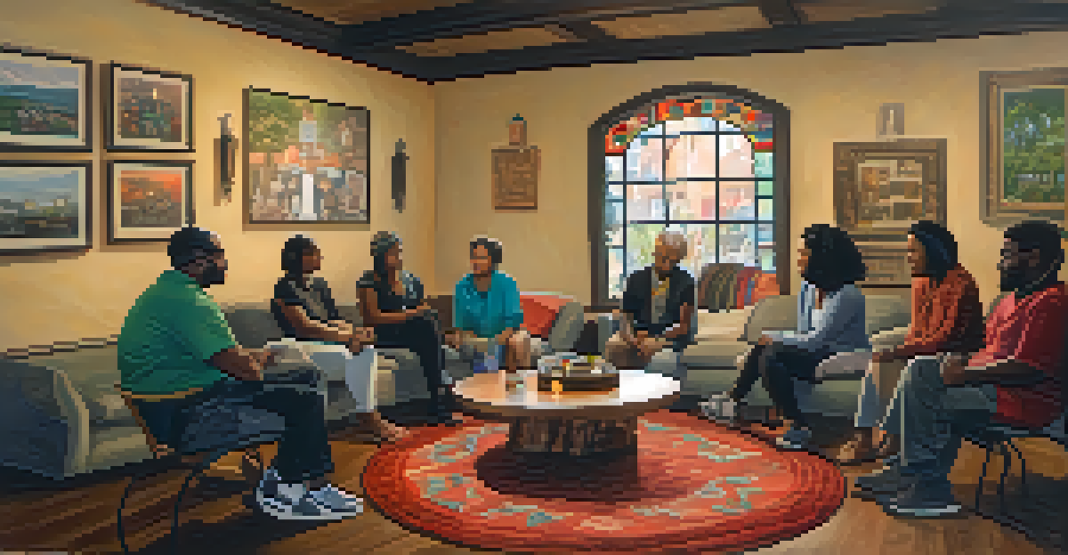 A diverse group of residents in a cozy room engaging in a community dialogue, surrounded by cultural decorations, with warm soft lighting enhancing the atmosphere.