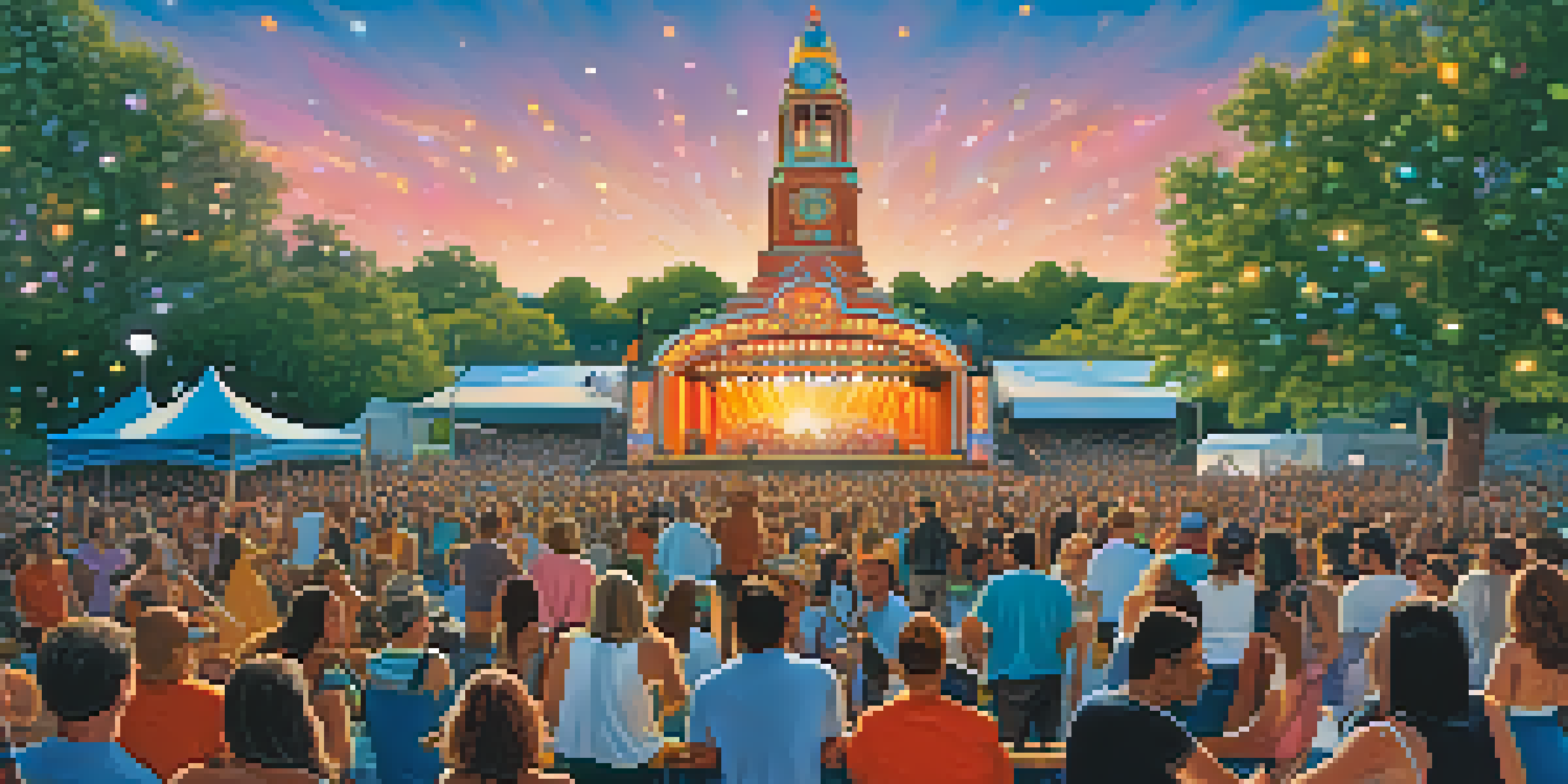 A lively outdoor music festival in Austin with a diverse crowd enjoying live music, colorful lights, and iconic landmarks in the background.