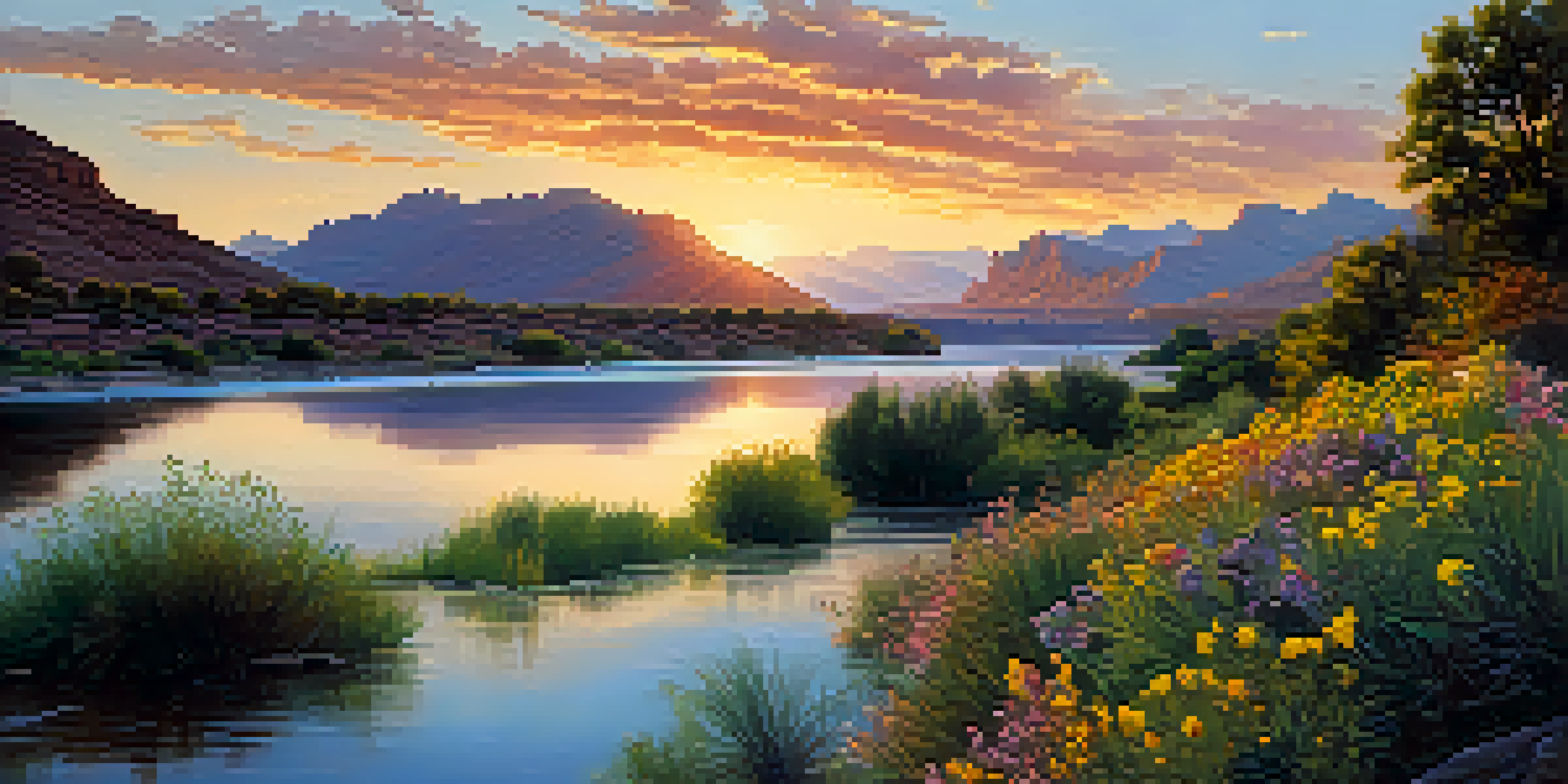 A fisherman casting his line into the Colorado River at sunrise, with colorful skies and lush greenery around.