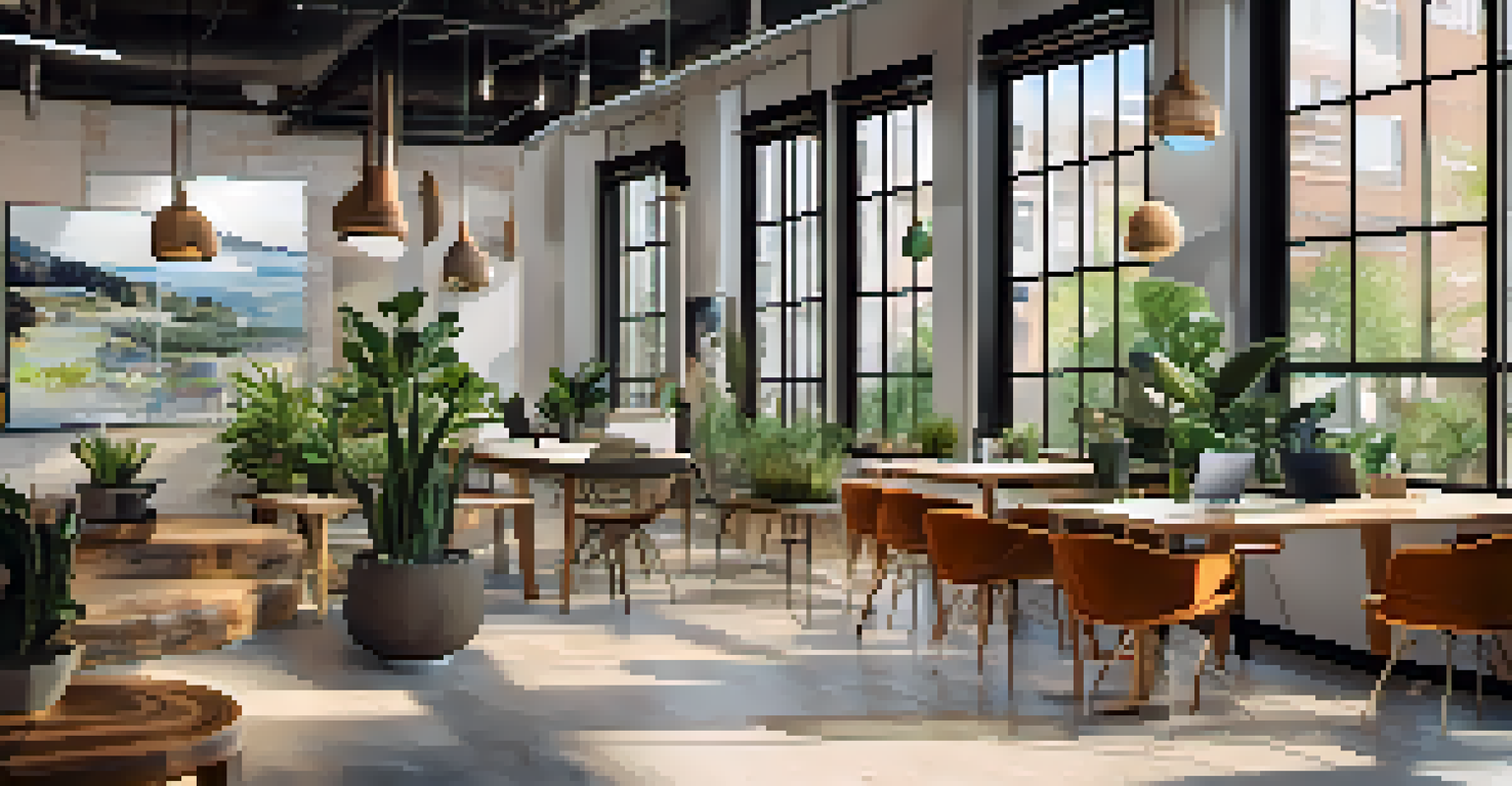 A modern co-working space in Austin with remote workers collaborating and focused at their laptops in a bright, stylish environment.