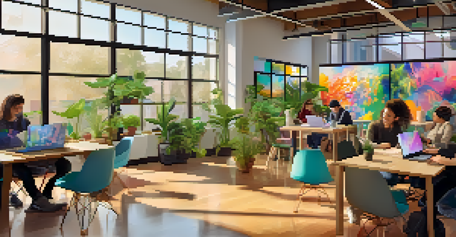 A colorful coworking space in Silicon Hills with entrepreneurs collaborating on laptops, surrounded by artwork and plants in warm natural light.